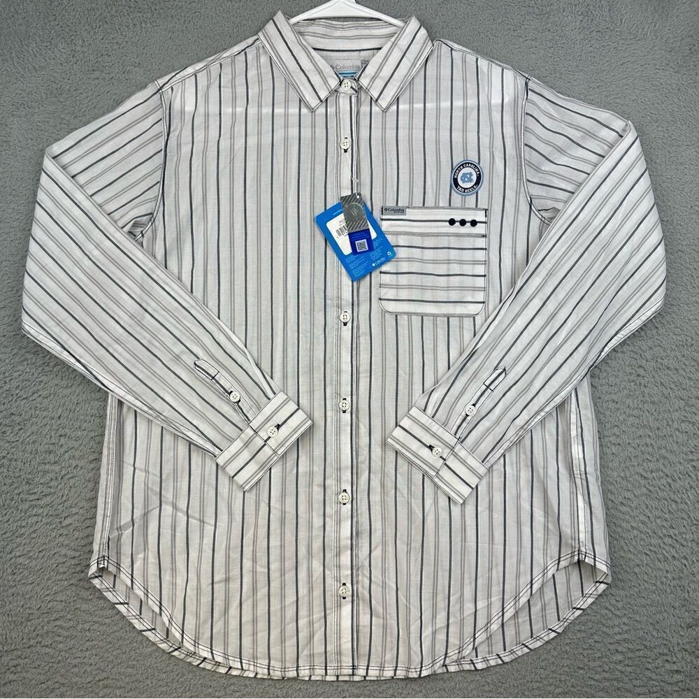 Columbia UNC Tar Heels Shirt Womens Small While Gray Striped‎ Tencel Blend PFG
